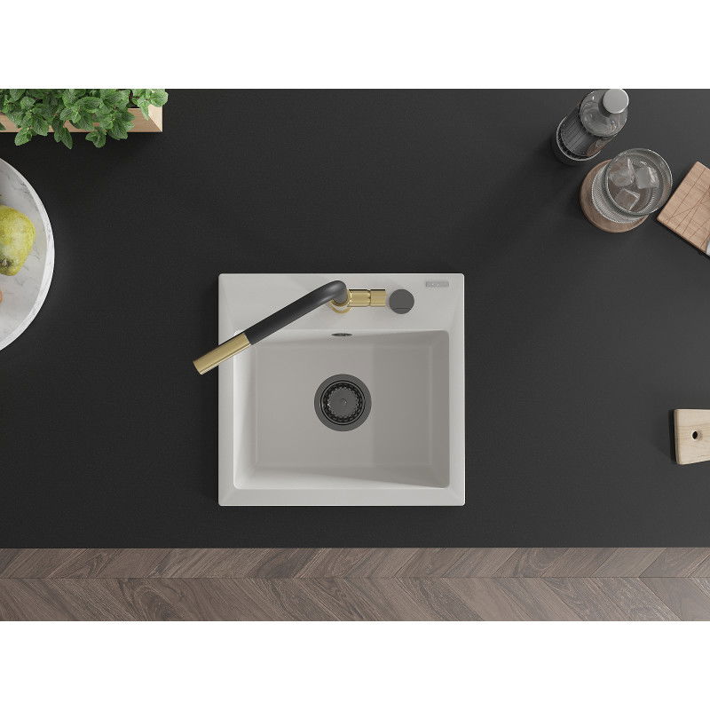 Mexen Milo granite kitchen sink 1-bowl with Flora kitchen tap, white - 6505-20-670401-57-B