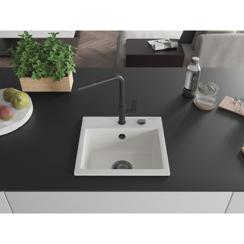 Mexen Milo granite sink 1-bowl with Flora kitchen faucet, white - 6505-20-670401-70-B