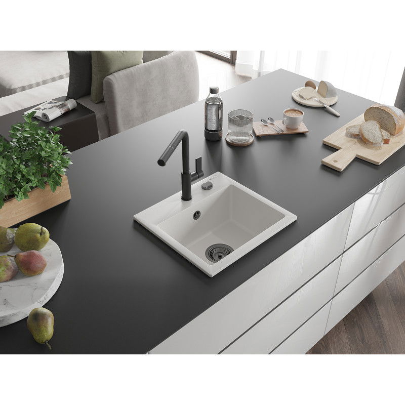 Mexen Milo Granite Kitchen Sink 1-Bowl with Flora Kitchen Tap, White - 6505-20-670401-70-B