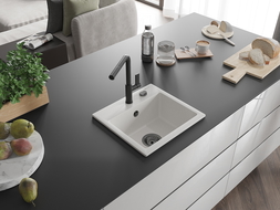 Mexen Milo 1-compartment granite sink with a kitchen mixer tap Flora, White - 6505-20-670401-70-B