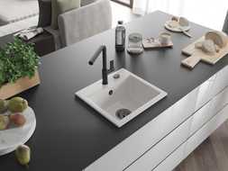 Mexen Milo granite kitchen sink 1-bowl with Flora kitchen faucet, white - 6505-20-670401-70-B