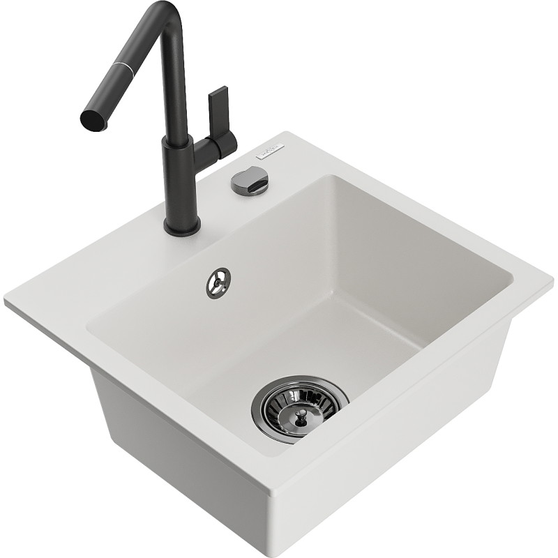 Mexen Milo granite sink 1-bowl with Flora kitchen faucet, white - 6505-20-670401-70-B