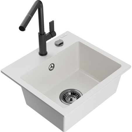 Mexen Milo Granite Kitchen Sink 1-Bowl with Flora Kitchen Tap, White - 6505-20-670401-70-B