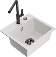 Mexen Milo granite kitchen sink 1-bowl with Flora kitchen faucet, white - 6505-20-670401-70-B