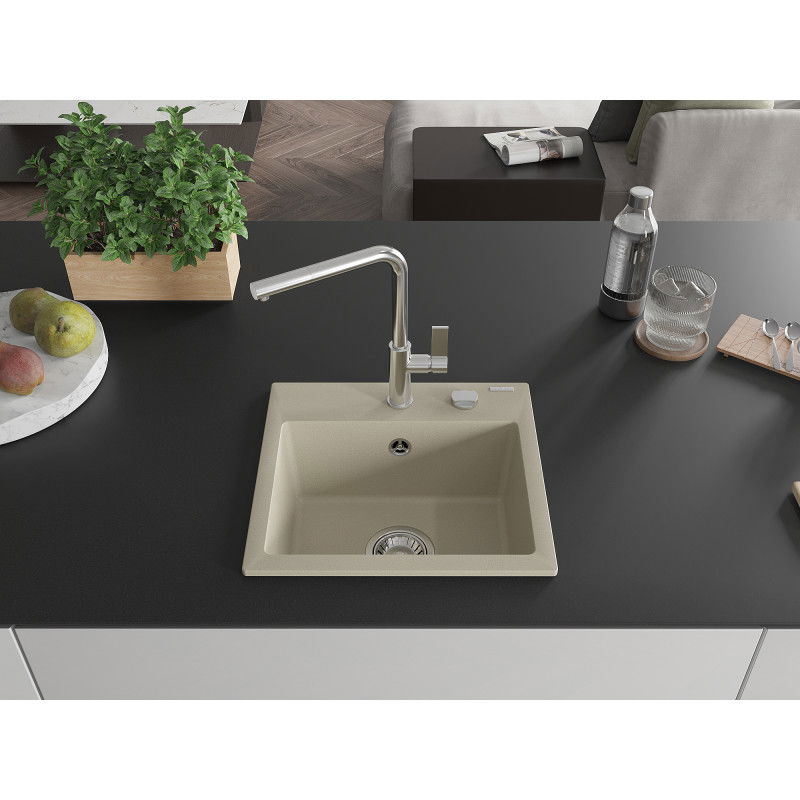 Mexen Milo 1-bowl granite sink with Flora kitchen tap, beige - 6505-69-670401-00
