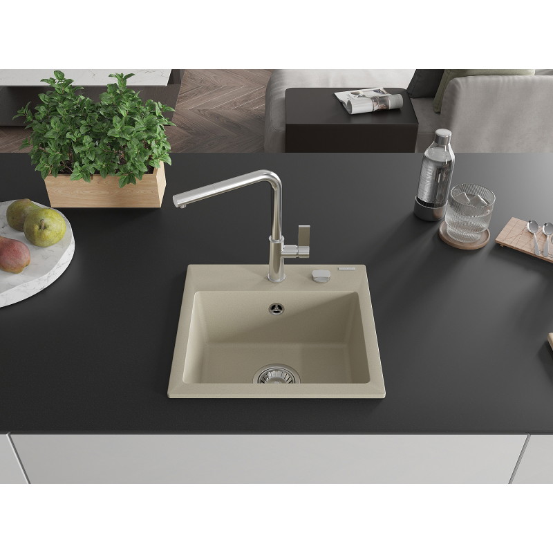 Mexen Milo granite kitchen sink 1-bowl with Flora kitchen faucet, beige - 6505-69-670401-00