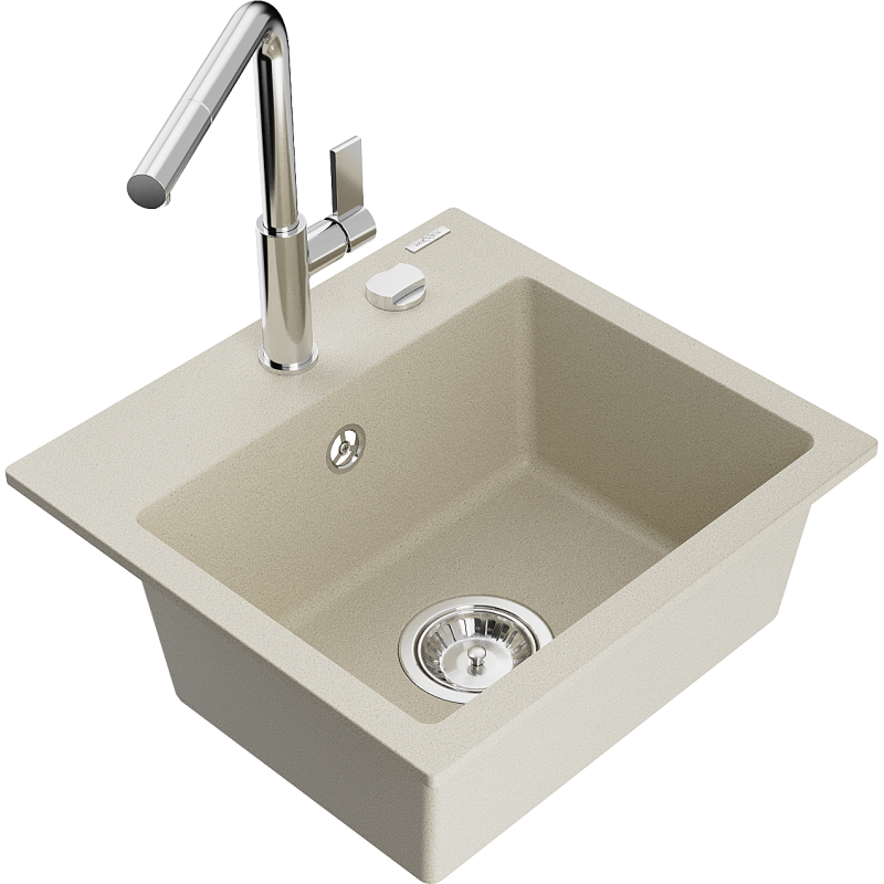 Mexen Milo 1-bowl granite sink with Flora kitchen tap, beige - 6505-69-670401-00
