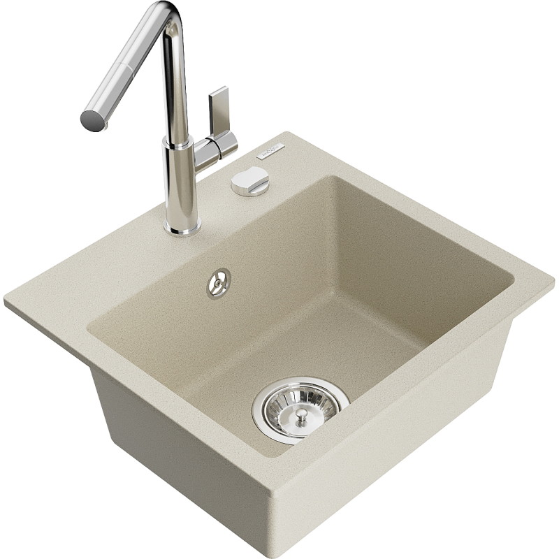 Mexen Milo granite kitchen sink 1-bowl with Flora kitchen faucet, beige - 6505-69-670401-00