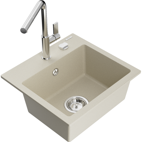 Mexen Milo 1-compartment granite sink with a kitchen mixer tap Flora, Beige - 6505-69-670401-00
