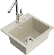 Mexen Milo 1-bowl granite sink with Flora kitchen tap, beige - 6505-69-670401-00