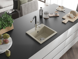 Mexen Milo 1-compartment granite sink with a kitchen mixer tap Flora, Beige - 6505-69-670401-07