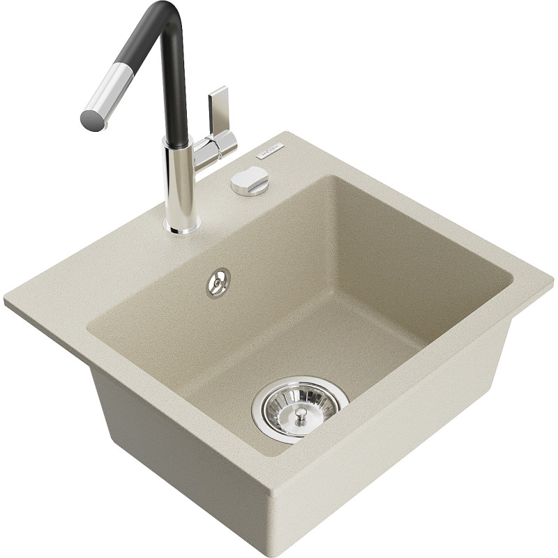 Mexen Milo 1-bowl granite sink with Flora kitchen faucet, beige - 6505-69-670401-07
