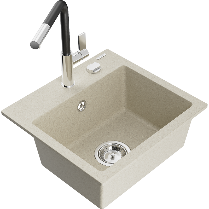 Mexen Milo 1-bowl granite sink with Flora kitchen tap, beige - 6505-69-670401-07