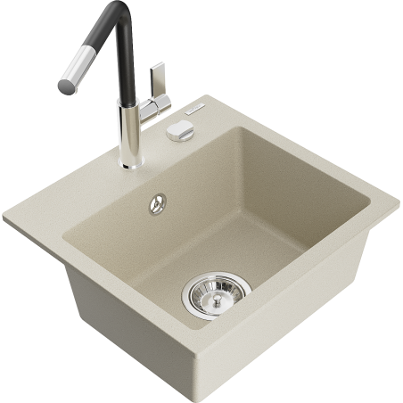 Mexen Milo 1-bowl granite sink with Flora kitchen tap, beige - 6505-69-670401-07