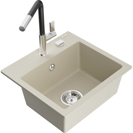 Mexen Milo 1-compartment granite sink with a kitchen mixer tap Flora, Beige - 6505-69-670401-07