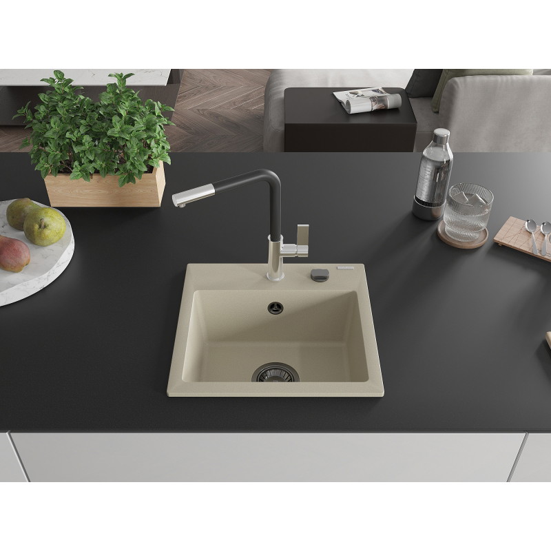 Mexen Milo granite kitchen sink 1-bowl with Flora kitchen faucet, beige - 6505-69-670401-07-B
