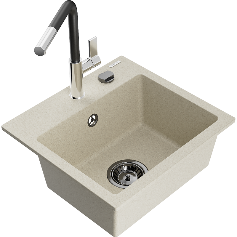 Mexen Milo 1-bowl granite sink with Flora kitchen tap, beige - 6505-69-670401-07-B