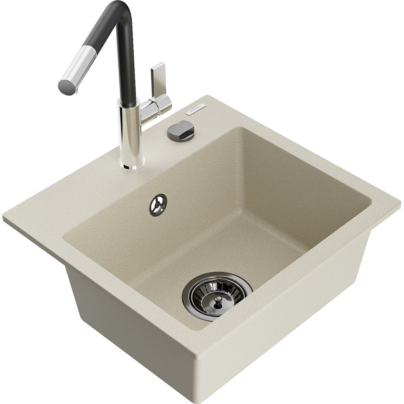 Mexen Milo granite kitchen sink 1-bowl with Flora kitchen faucet, beige - 6505-69-670401-07-B
