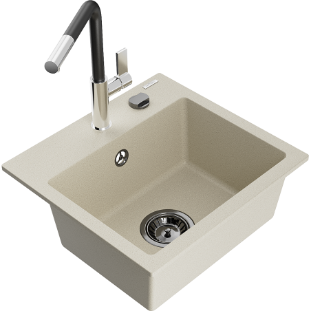 Mexen Milo 1-bowl granite sink with Flora kitchen faucet, beige - 6505-69-670401-07-B