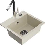 Mexen Milo 1-compartment granite sink with a kitchen mixer tap Flora, Beige - 6505-69-670401-07-B
