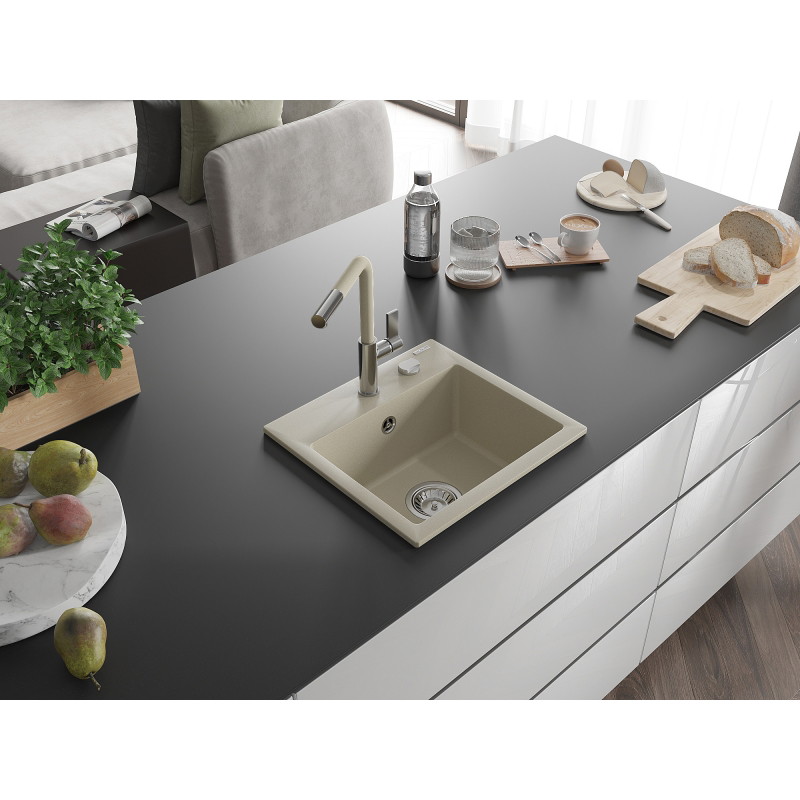 Mexen Milo granite kitchen sink 1-bowl with Flora kitchen faucet, beige - 6505-69-670401-09