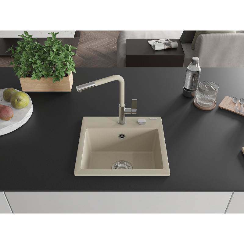 Mexen Milo granite kitchen sink 1-bowl with Flora kitchen faucet, beige - 6505-69-670401-09