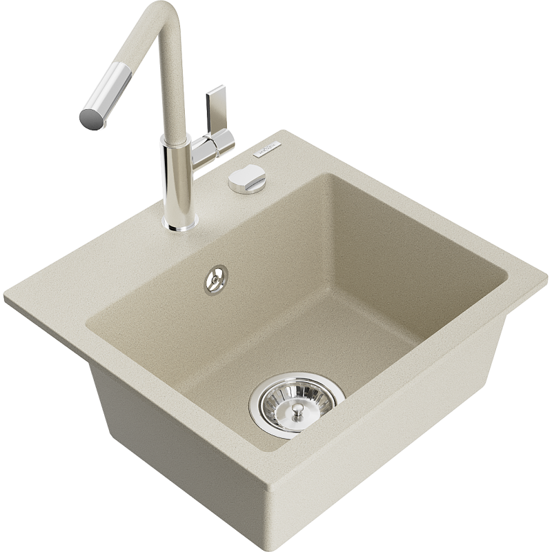 Mexen Milo one-bowl granite sink with Flora kitchen tap, beige - 6505-69-670401-09