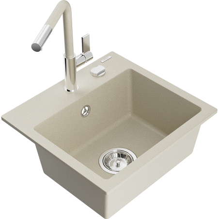 Mexen Milo 1-compartment granite sink with a kitchen mixer tap Flora, Beige - 6505-69-670401-09