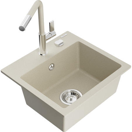 Mexen Milo one-bowl granite sink with Flora kitchen tap, beige - 6505-69-670401-09