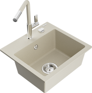 Mexen Milo one-bowl granite sink with Flora kitchen tap, beige - 6505-69-670401-09
