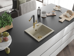 Mexen Milo 1-compartment granite sink with a kitchen mixer tap Flora, Beige - 6505-69-670401-57-G