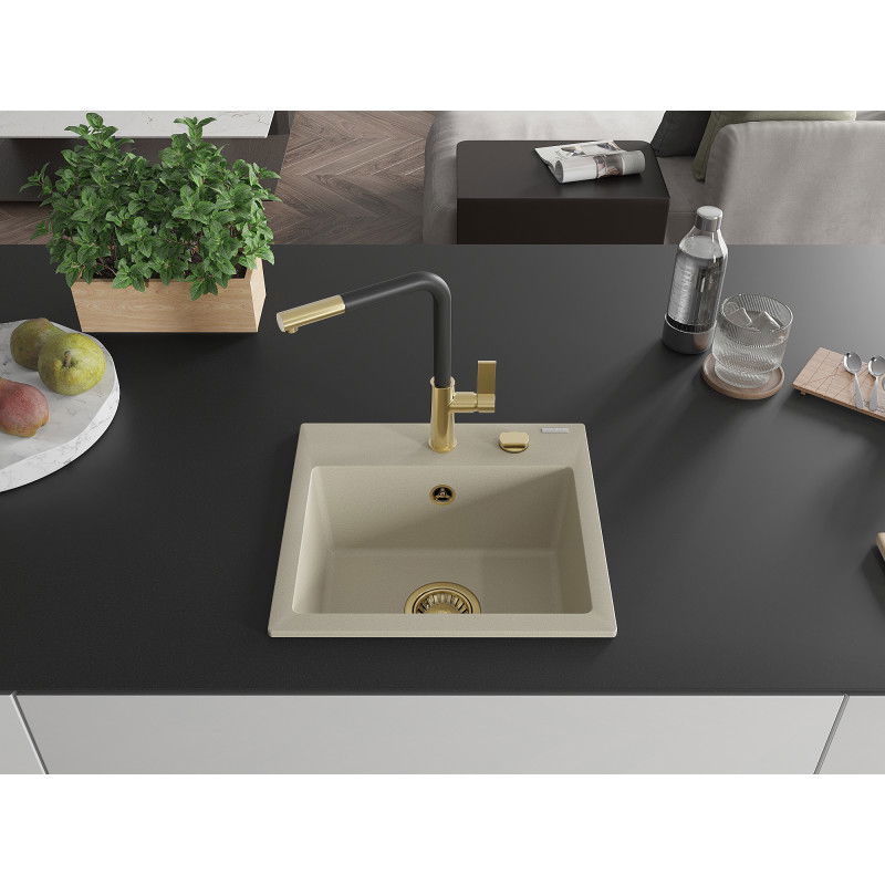 Mexen Milo granite sink 1-bowl with Flora kitchen mixer, beige - 6505-69-670401-57-G