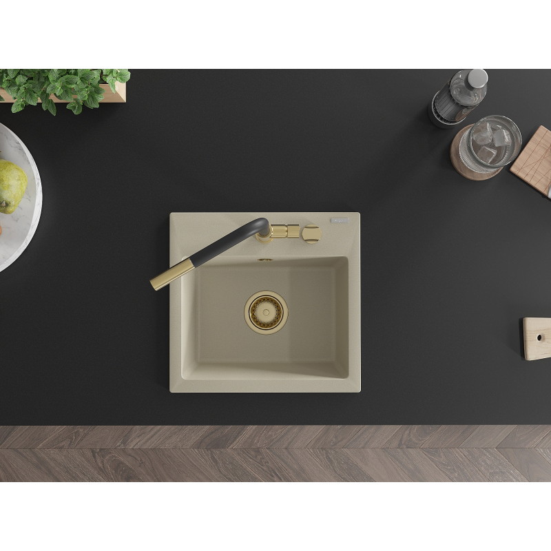 Mexen Milo 1-bowl granite sink with Flora kitchen faucet, beige - 6505-69-670401-57-G