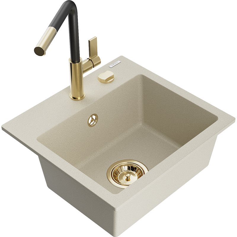 Mexen Milo granite sink 1-bowl with Flora kitchen mixer, beige - 6505-69-670401-57-G