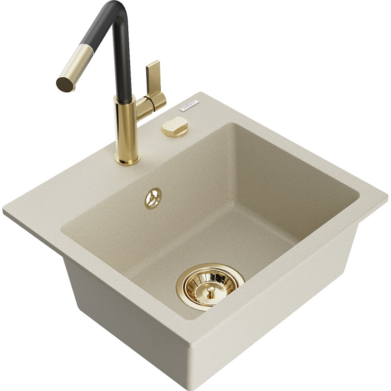 Mexen Milo single-bowl granite sink with Flora kitchen faucet, beige - 6505-69-670401-57-G