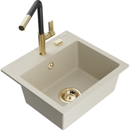 Mexen Milo granite sink 1-bowl with Flora kitchen mixer, beige - 6505-69-670401-57-G