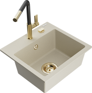 Mexen Milo 1-compartment granite sink with a kitchen mixer tap Flora, Beige - 6505-69-670401-57-G