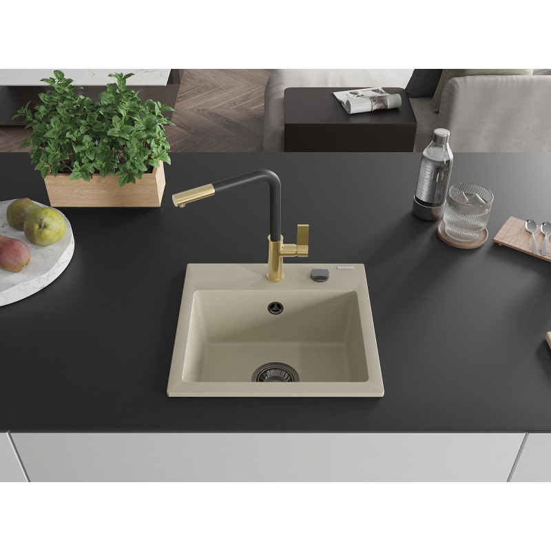 Mexen Milo 1-bowl granite sink with Flora kitchen faucet, beige - 6505-69-670401-57-B