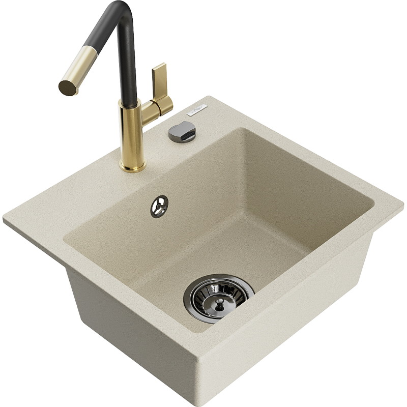 Mexen Milo 1-bowl granite sink with Flora kitchen faucet, beige - 6505-69-670401-57-B