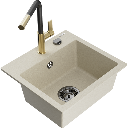 Mexen Milo 1-bowl Granite Sink with Flora Kitchen Tap, Beige - 6505-69-670401-57-B