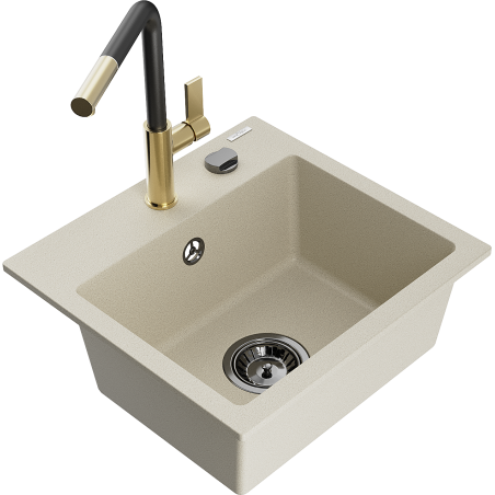 Mexen Milo 1-compartment granite sink with a kitchen mixer tap Flora, Beige - 6505-69-670401-57-B