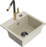 Mexen Milo 1-compartment granite sink with a kitchen mixer tap Flora, Beige - 6505-69-670401-57-B