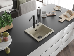 Mexen Milo single-bowl granite sink with Flora kitchen tap, beige - 6505-69-670401-70-B