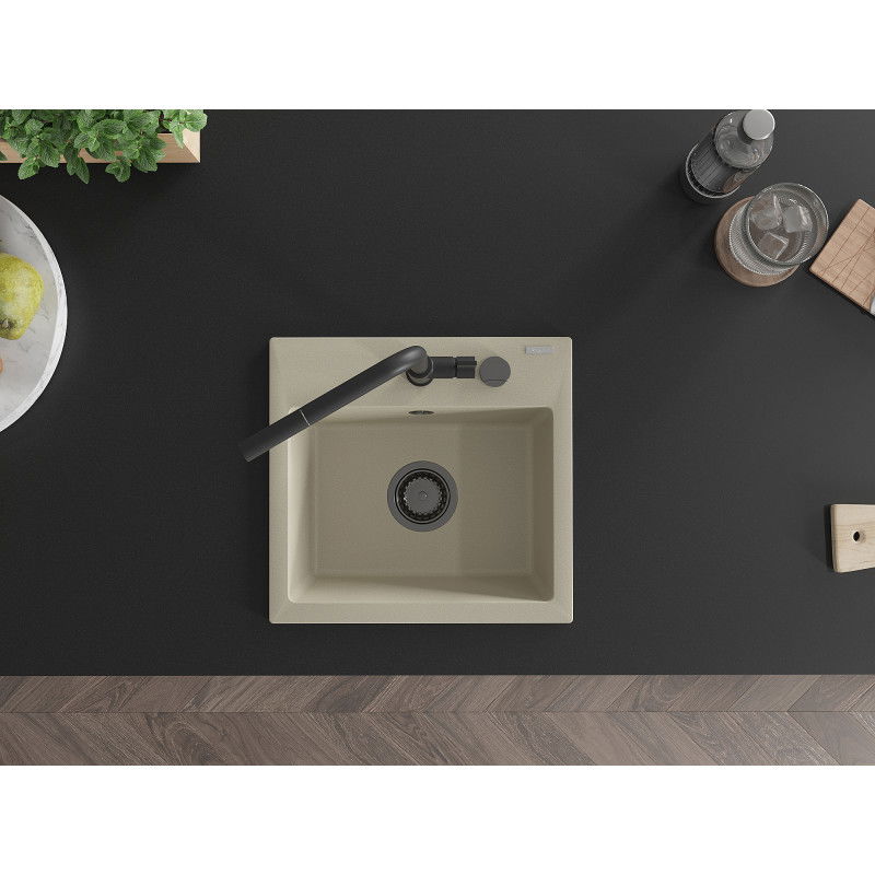 Mexen Milo single-bowl granite sink with Flora kitchen tap, beige - 6505-69-670401-70-B