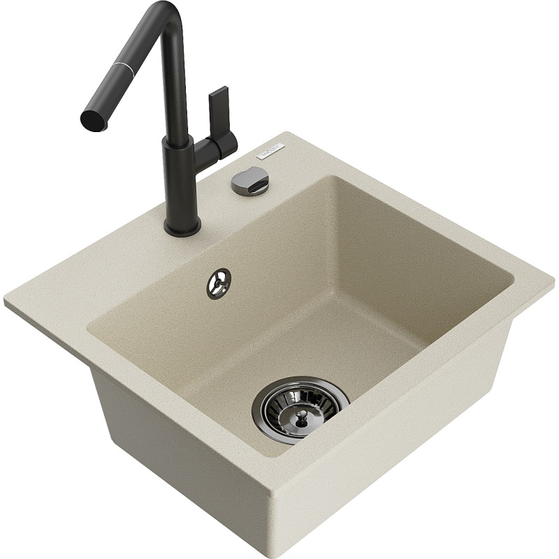 Mexen Milo granite sink 1-bowl with Flora kitchen faucet, beige - 6505-69-670401-70-B