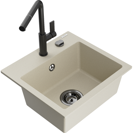 Mexen Milo 1-bowl granite sink with Flora kitchen faucet, beige - 6505-69-670401-70-B