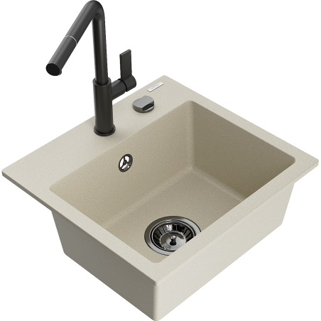 Mexen Milo single-bowl granite sink with Flora kitchen tap, beige - 6505-69-670401-70-B