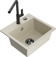 Mexen Milo 1-compartment granite sink with a kitchen mixer tap Flora, Beige - 6505-69-670401-70-B
