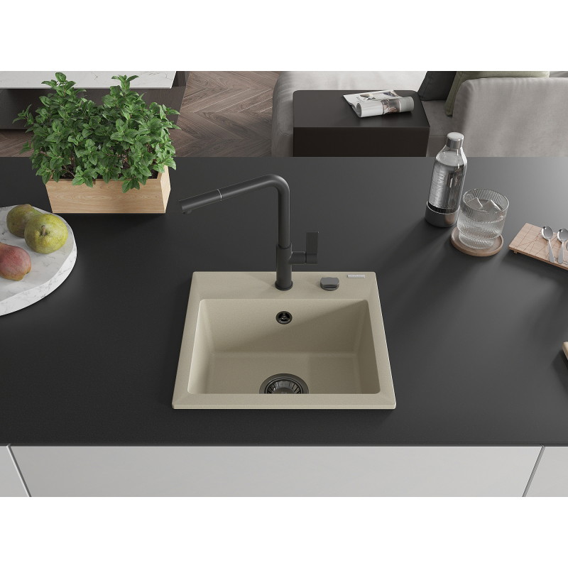 Mexen Milo granite sink 1-bowl with Flora kitchen faucet, beige - 6505-69-670401-70-B