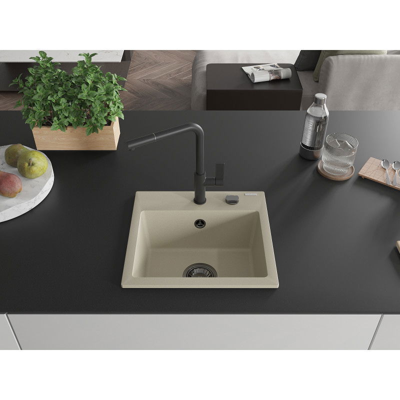 Mexen Milo single-bowl granite sink with Flora kitchen tap, beige - 6505-69-670401-70-B